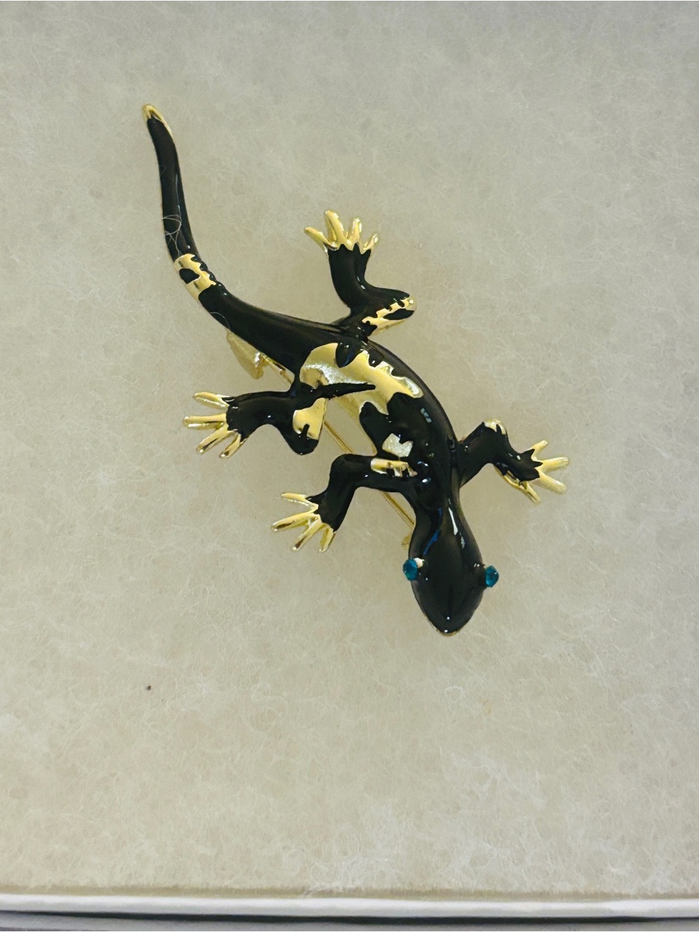 Black and Gold Lizard Brooch with Blue Eyes - Women Jewelry